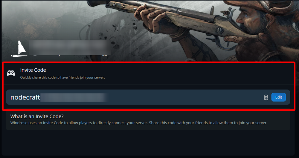 Invite Code section in the Nodecraft Windrose server panel.