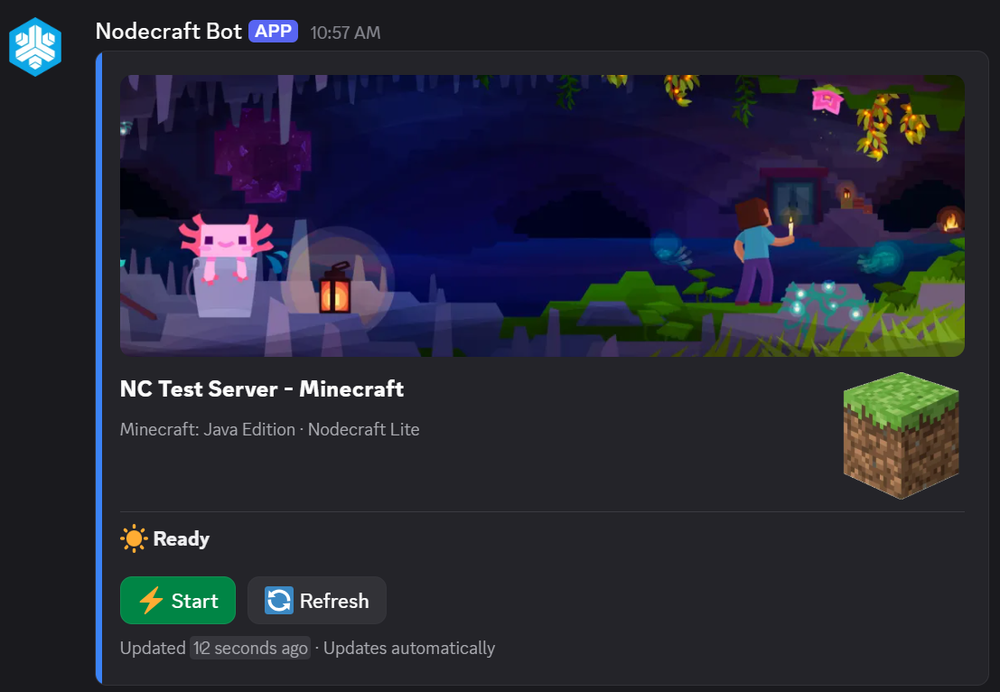 Discord Nodecraft Bot app card with a Minecraft-style banner, NC Test Server - Minecraft, Java Edition; grass block thumbnail, Ready, Start and Refresh.