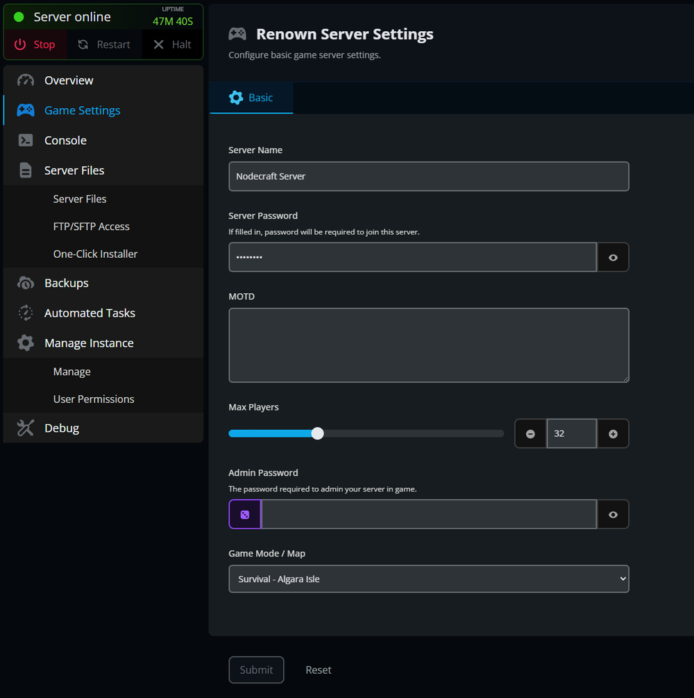Screenshot of a server settings interface showing options for server name, password, MOTD, max players, admin password, and game mode/map.