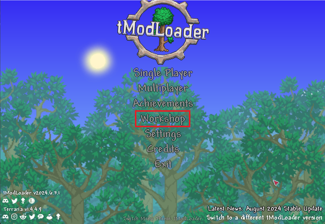 A view of tModLoader's main menu with Workshop highlighted