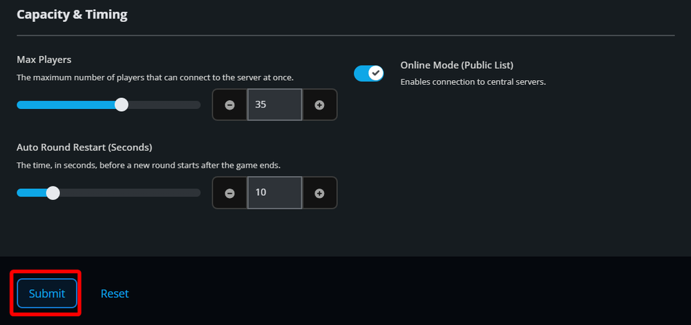 SCP: Secret Laboratory Game Settings page displaying an updated Max Players value and the Submit button used to save server configuration changes.