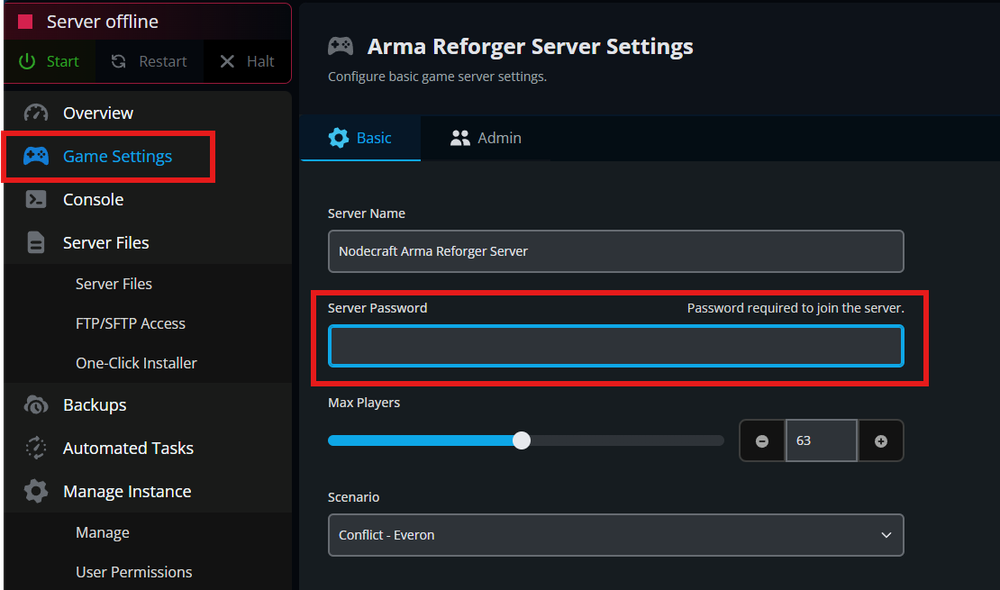 setting server password