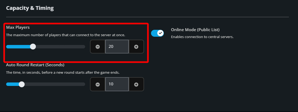 SCP: Secret Laboratory Game Settings page showing the Max Players setting with a slider and numeric controls used to adjust the server player limit.