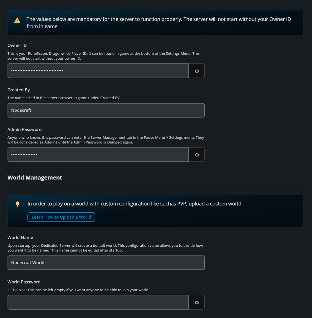 RuneScape: Dragonwilds server configuration for Owner ID, World Name, Created By, World Password, and Admin Password