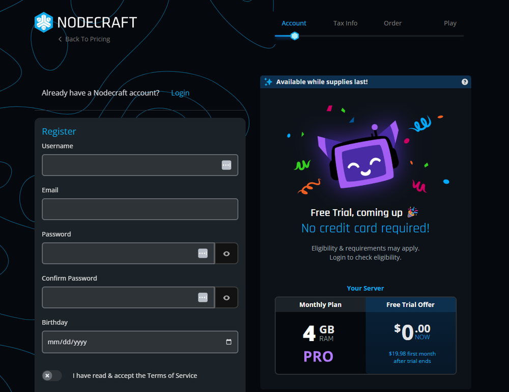 Nodecraft account registration screen with free trial offer details.
