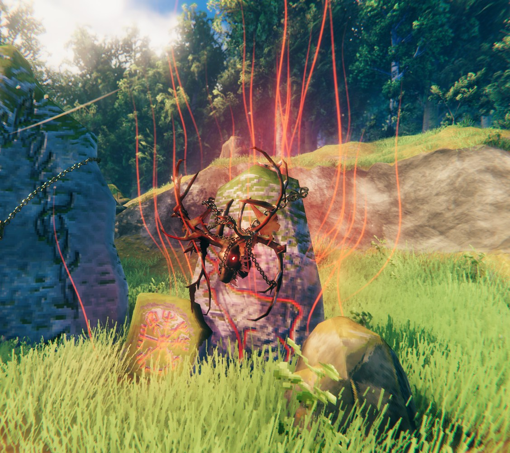 Eikthyr's Trophy mounted on its Sacrificial Stone in Valheim.