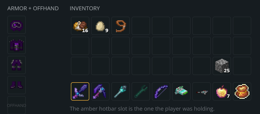 Vanilla food and blocks sit right next to modded tools and armor. Every icon here comes from assets.rendermite.dev.