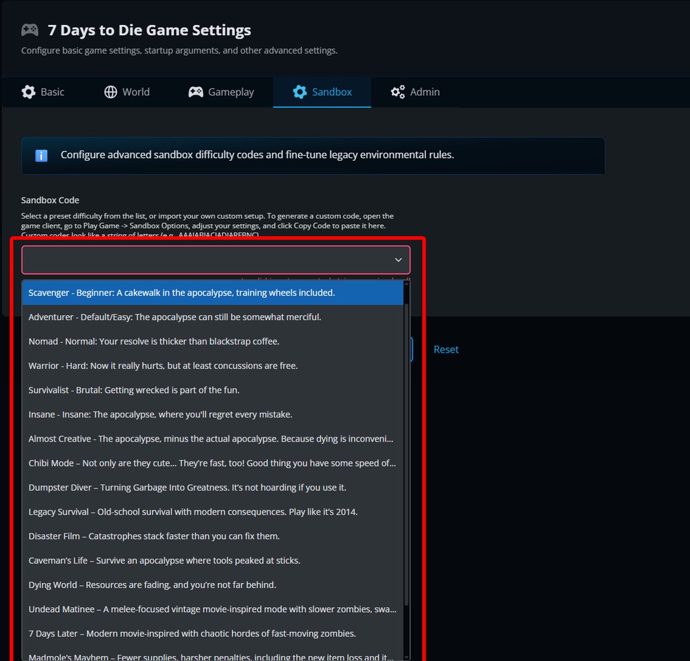 The Sandbox Code dropdown menu displaying available 7 Days to Die sandbox presets, including difficulty options and gameplay modifiers that can be applied to a server.