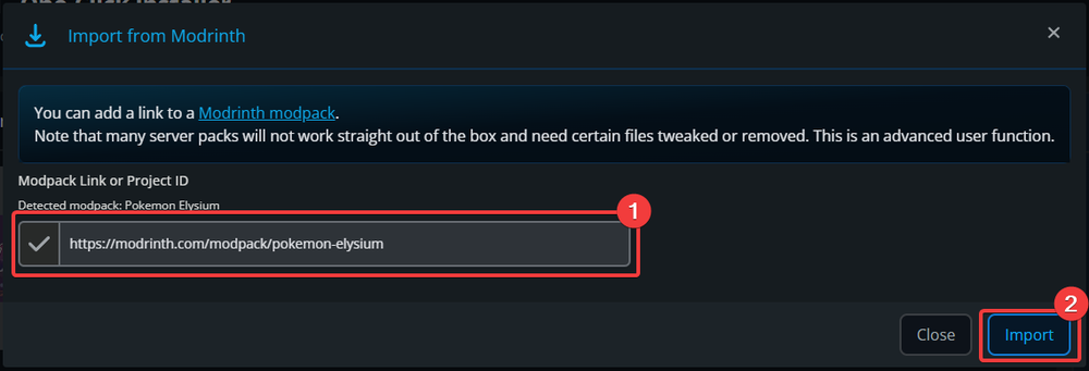 Screenshot of a Modrinth import interface showing a link to a modpack named 