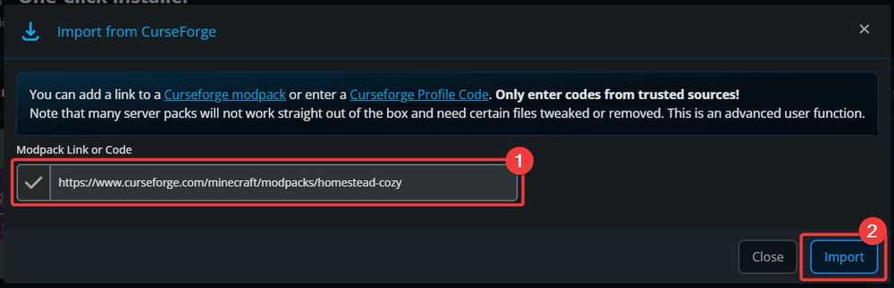 Screenshot of a software interface showing how to import a modpack from CurseForge by entering a URL and clicking the 