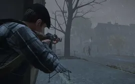 A survivor in a flannel shirt and black beanie aims a scoped rifle during a rainy day in a desolate, urban DayZ environment.