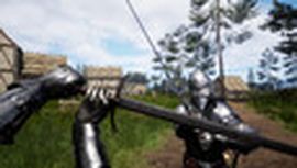 Two knights in armor engage in a sword fight in a medieval village setting with wooden houses and trees under a blue sky.