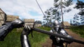 Two knights in armor engage in a sword fight in a medieval village setting with wooden houses and trees under a blue sky.