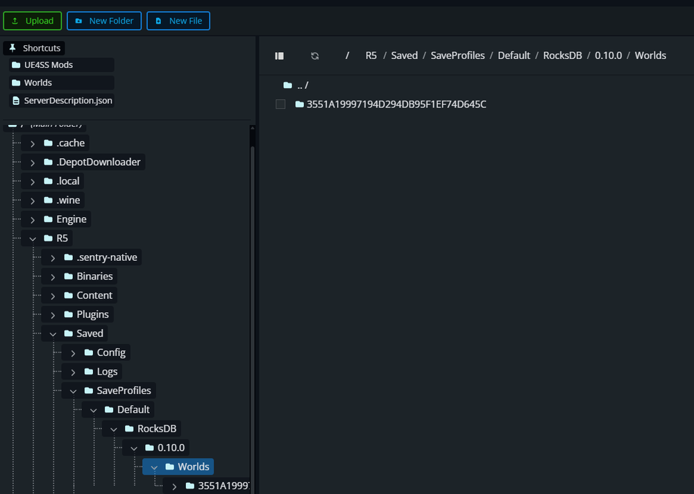 Nodecraft Windrose File Manager open to the Worlds save folder directory for the server.