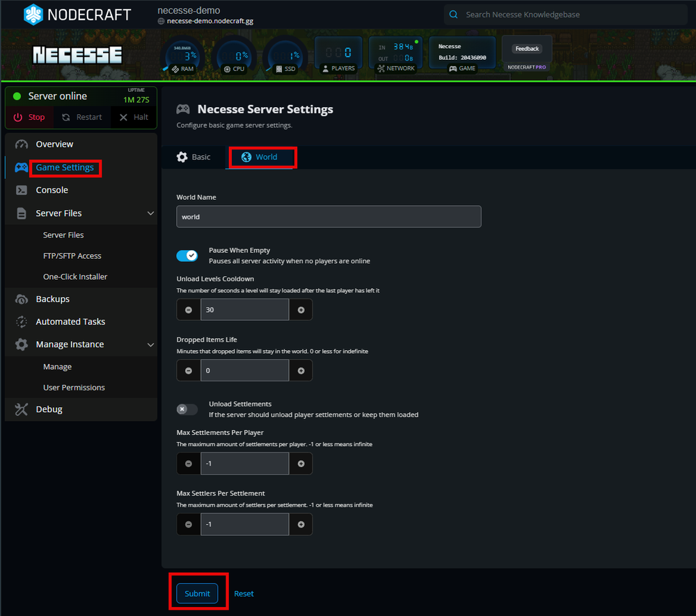 Screenshot of a server settings page for a game, showing options for world settings, including pause, unload levels, and submit button highlighted.