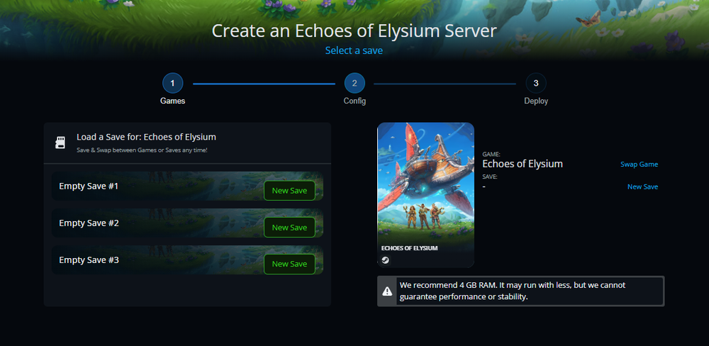 The second step for creating an Echoes of Elysium server on Nodecraft with varying save options to choose from.