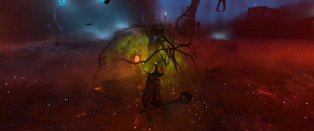 Enshrouded player casting an entangling spell on an enemy surrounded by twisting roots and green magical energy in the Shroud.