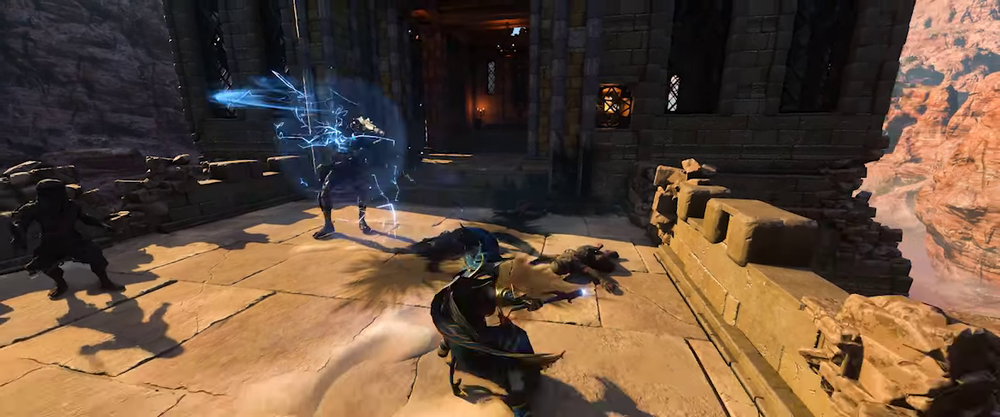 Enshrouded player dodging during combat on a stone terrace while an enemy is struck by blue magical energy.