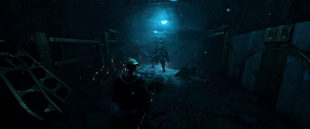 Enshrouded player facing an enemy inside a dark ruin while blue magical effects and icy particles fill the area.