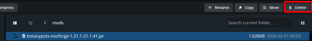 Nodecraft control panel File Manager with a Minecraft mod file selected and the delete button highlighted.