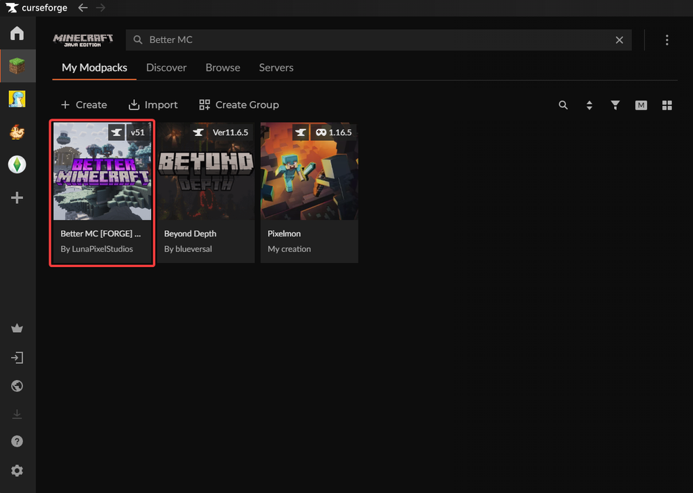 CursedForge interface showing three Minecraft modpacks: 