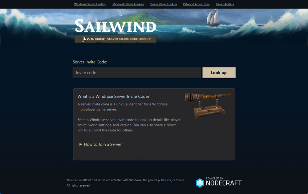 Landing page for https://sailwind.codes/, with an input box for a Windrose Server Share Code Lookup