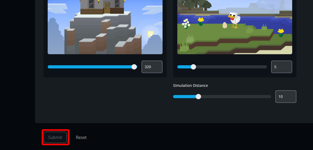 Submit button at the bottom of the Minecraft Server Settings page used to save changes.