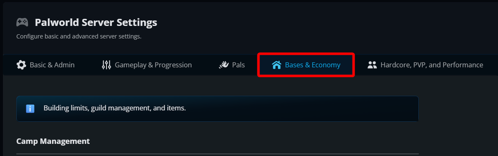 Palworld server panel navigation showing the Game Settings option used to configure server gameplay, progression, and world settings.