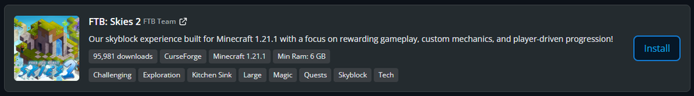 The FTB: Skies 2 modpack available with the Install button, description, and various tags that say what the modpack is about, such as Skyblock, Tech, and Kitchen Sink.
