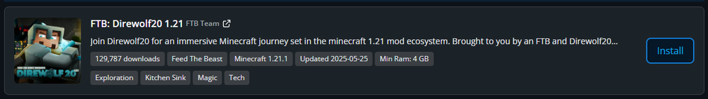 FTB Presents Direwolf20 1.21 modpack page in the FTB App showing the modpack banner, description, tags, install button, and details such as downloads, version, update date, and minimum RAM requirement.