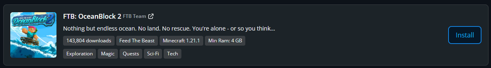 A screenshot of the modpack FTB: OceanBlock 2 on the FTB Launcher along with an Install button and various tags.