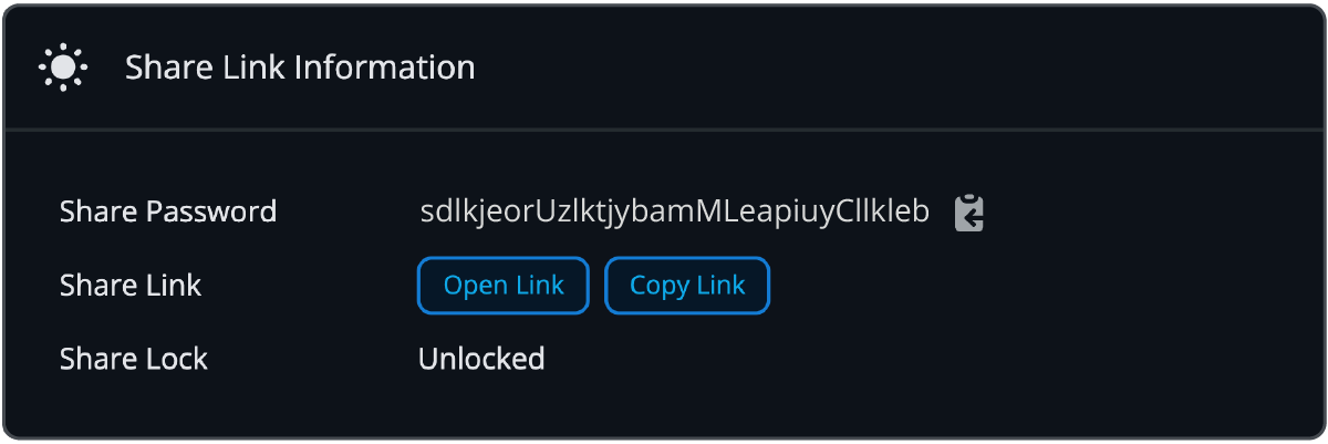 Screenshot of a "Share Link Information" panel showing a share password, share link with open and copy options, and an unlocked share lock.
