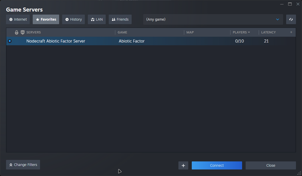 Shows Game Server Browser with Nodecraft Abiotic Factor Server