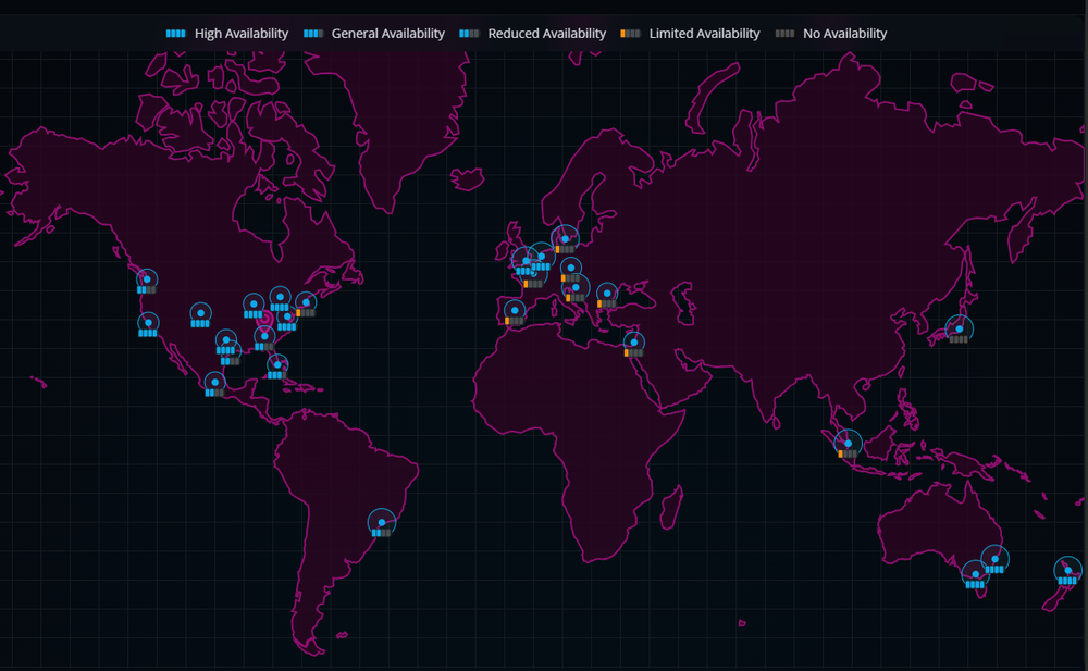 World map showing availability status in various regions with color-coded indicators for high, general, reduced, limited, and no availability.
