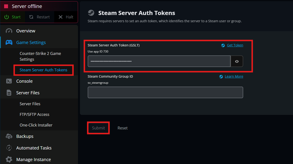 field to add your steam cs2 token