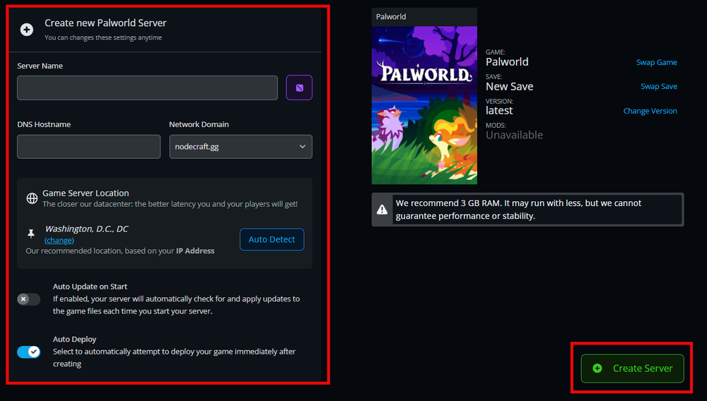 Screenshot of a server creation interface for 