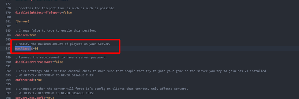 The valheim_plus.cfg file open in the editor with the maxPlayers setting highlighted under the server configuration section.