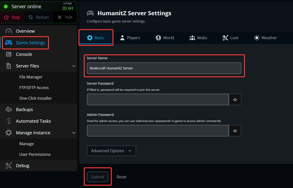 Game server management UI: HumanitZ Server Settings, Basic tab, fields for server name, passwords, Advanced Options, and Submit button.