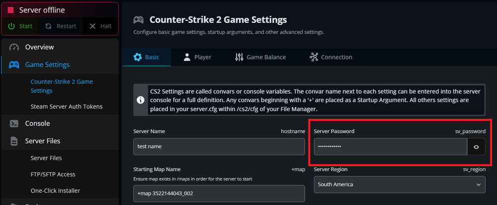 Shows Game Settings with Server Password