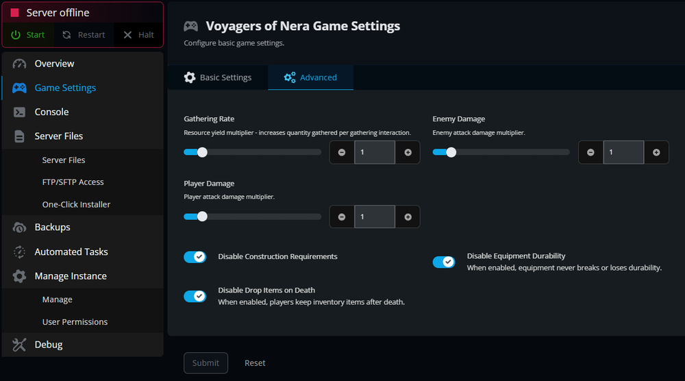 Game settings interface showing options for gathering rate, enemy and player damage, with toggles for construction and equipment durability.