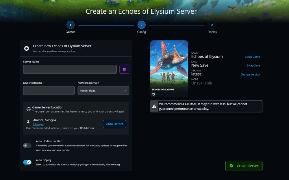 The second step of an Echoes of Elysium server where you choose the server name and location on Nodecraft.