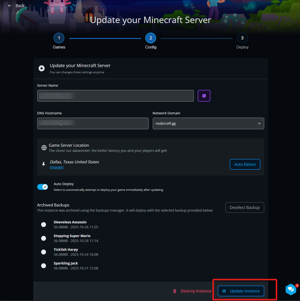 Screenshot of a Minecraft server update interface showing server name, DNS hostname, location options, archived backups, and update instance button.