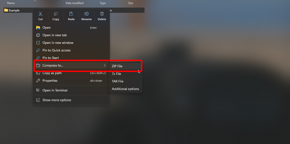 Windows context menu showing the Compress to ZIP option for a Minecraft world folder.