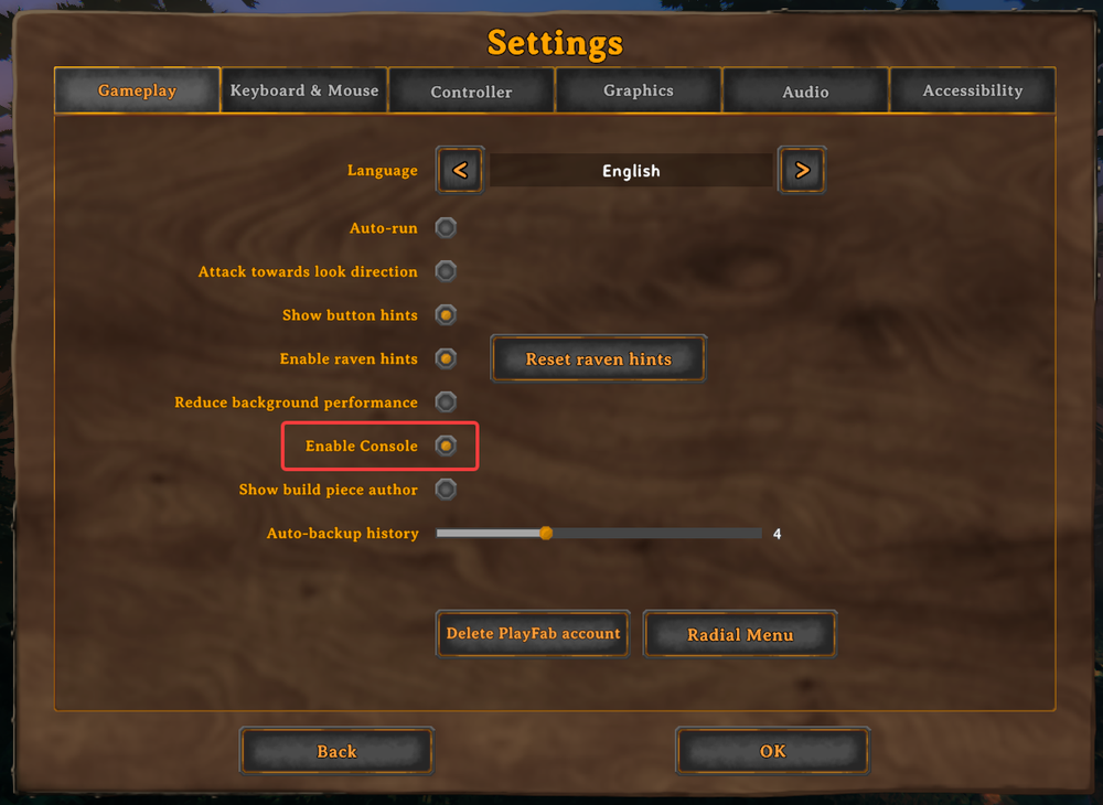 Settings window showing tabs; Language English; Enable Console highlighted; many toggles and buttons (Delete PlayFab account, Radial Menu, Back, OK).