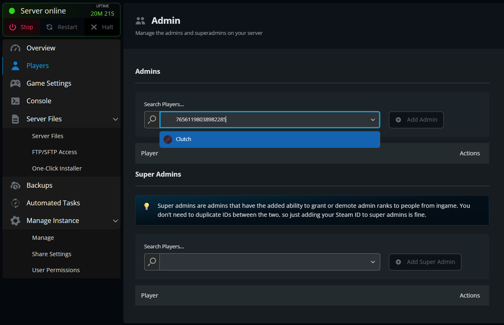 Shows the players admin menu with a steam ID ready to add