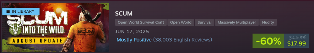 Steam Store page banner for SCUM showing key game art with an 