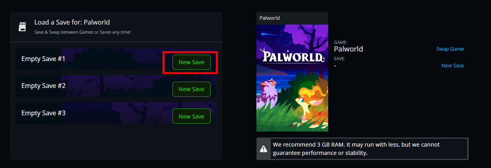 Game save screen for 