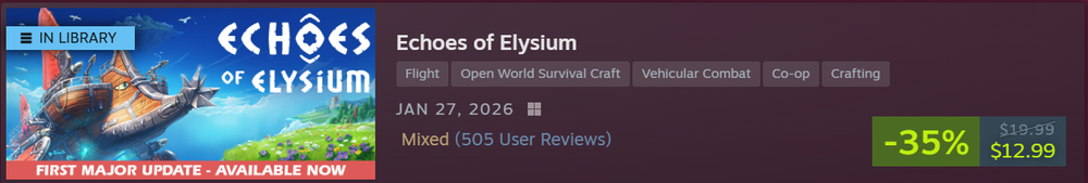 Steam Store page banner for Echoes of Elysium showing a 35% discount price tag of $12.99 and a Mixed user rating.