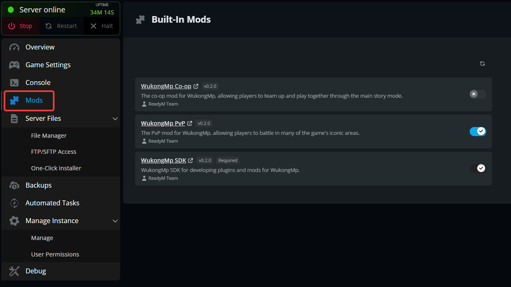 Nodecraft panel Mods page for a WukongMP server displaying built-in multiplayer mods including Co-op, PvP, and the required SDK module with enable and disable toggles.