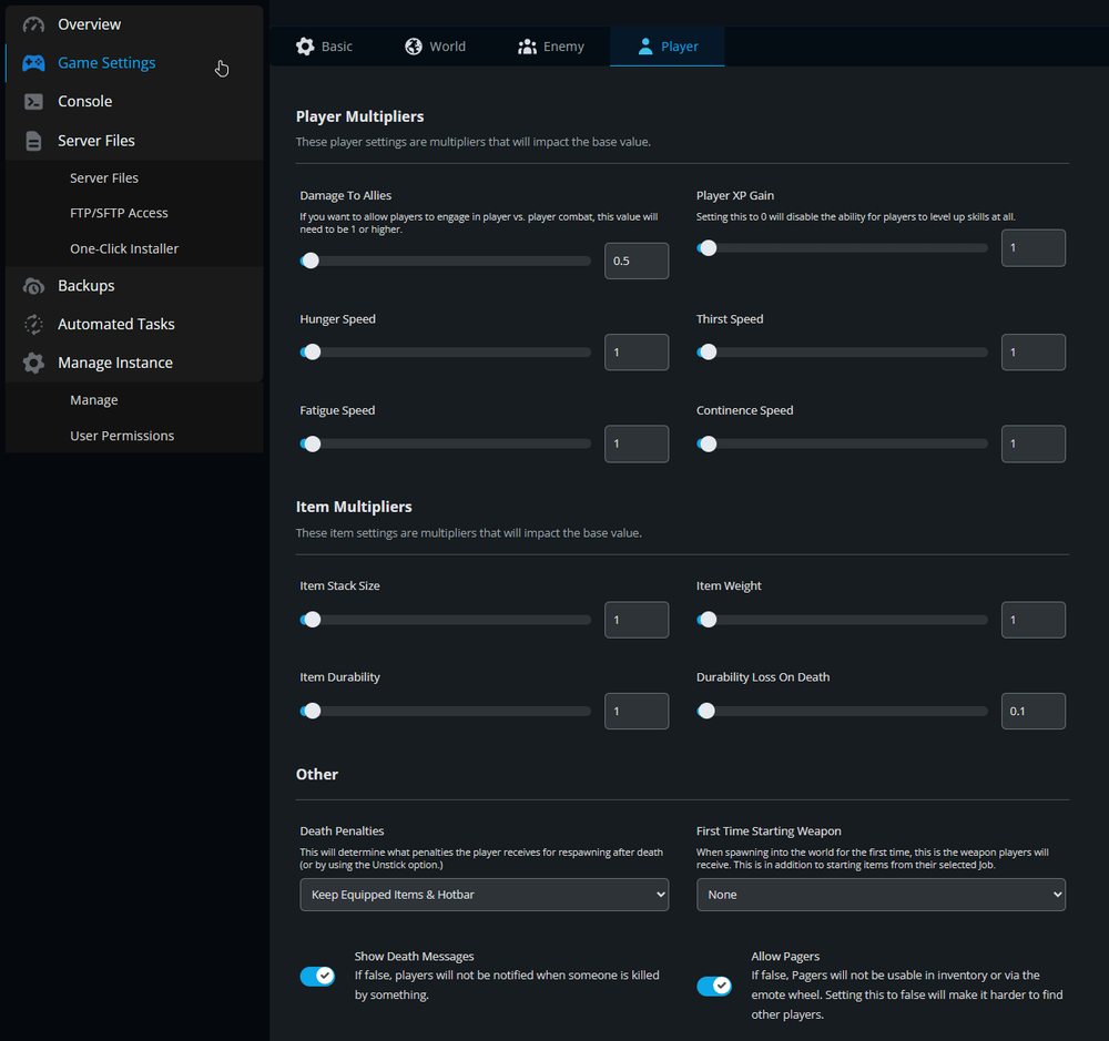 Shows the Game Setting page with the Player tab Selected